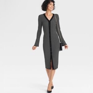 A New Day Black White Stripe Ribbed Midi Dress Button Front Bell Sleeves Med NEW